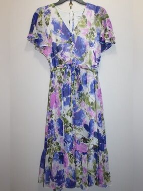 Calvin Klein Georgette V-Neck Floral Dress Flutter Sleeve